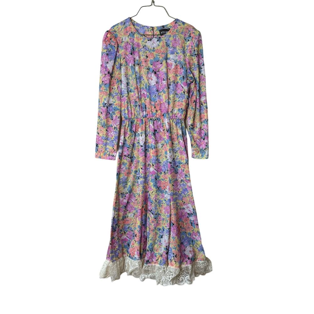 Vintage ITEMS made in USA pastel floral long‎ sleeve lace detail dress MEDIUM